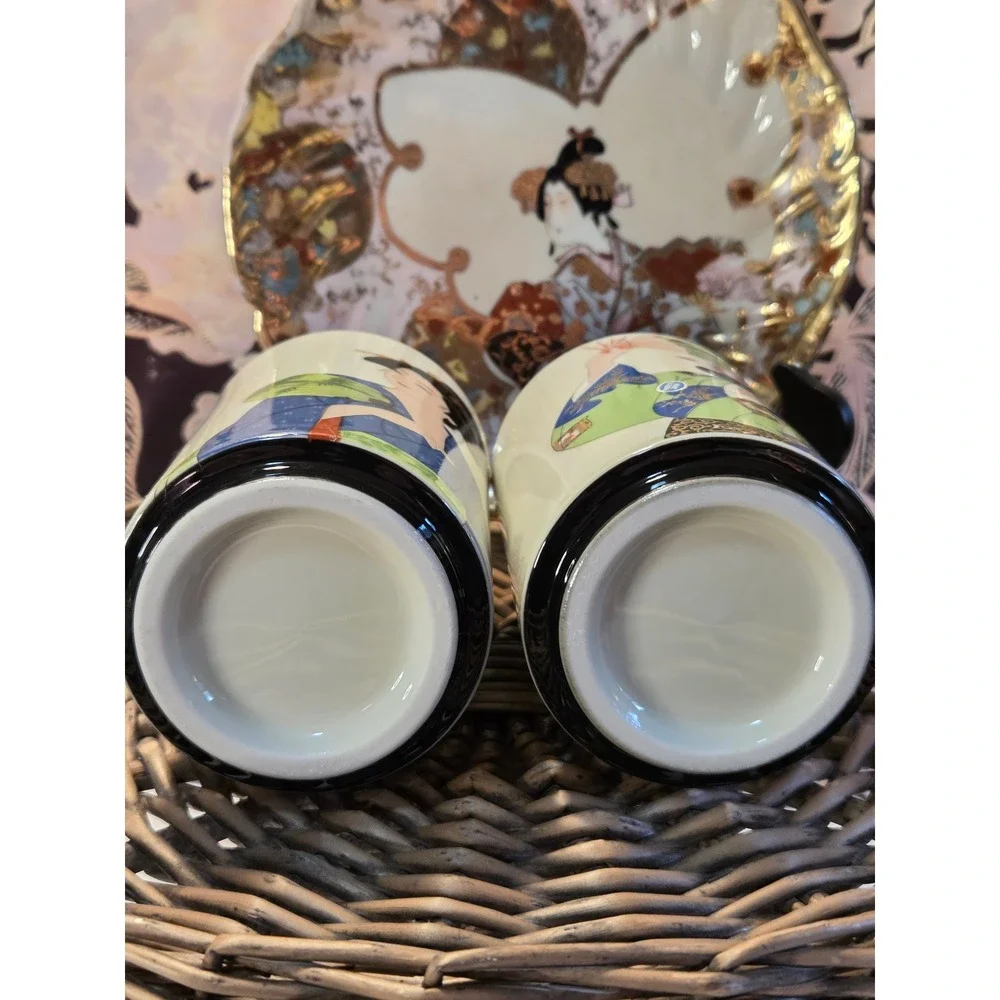 Vintage Japanese Geisha Tea Cups with Antique Japanese‎ Kutani Geisha Plate